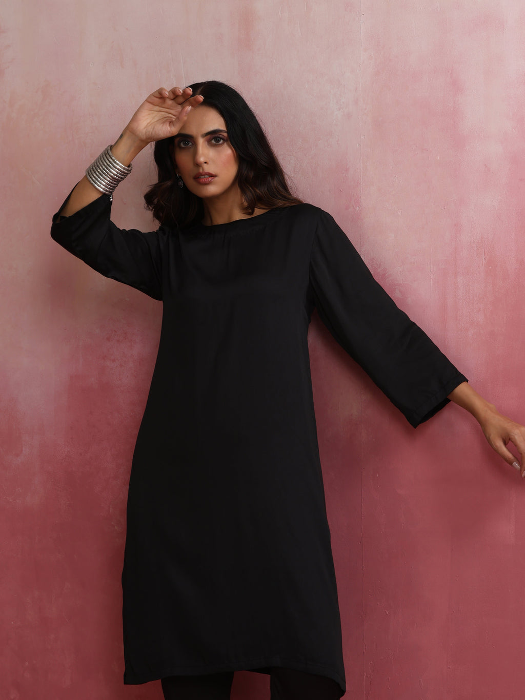 trueBrowns Black Modal Round Neck Kurta Co-ord Set | Grocsy