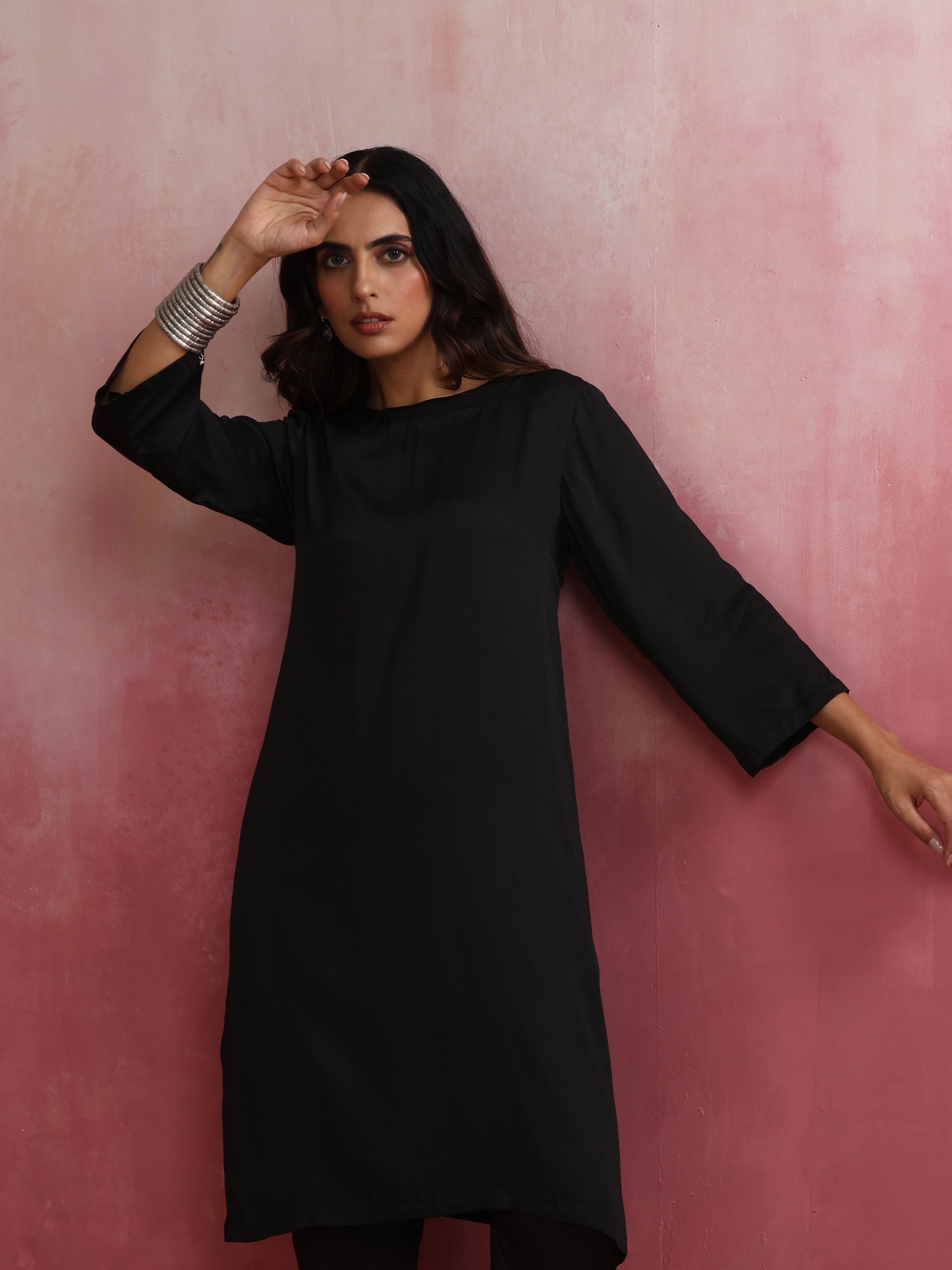 trueBrowns Black Modal Round Neck Kurta Co-ord Set | Grocsy