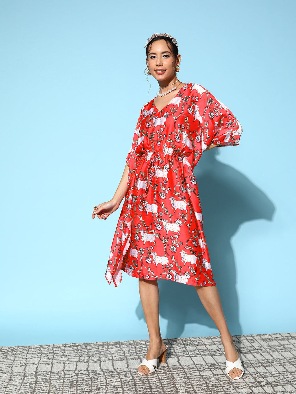 InWeave Women's Bright Pink Indian Bull Print Kaftan | Grocsy