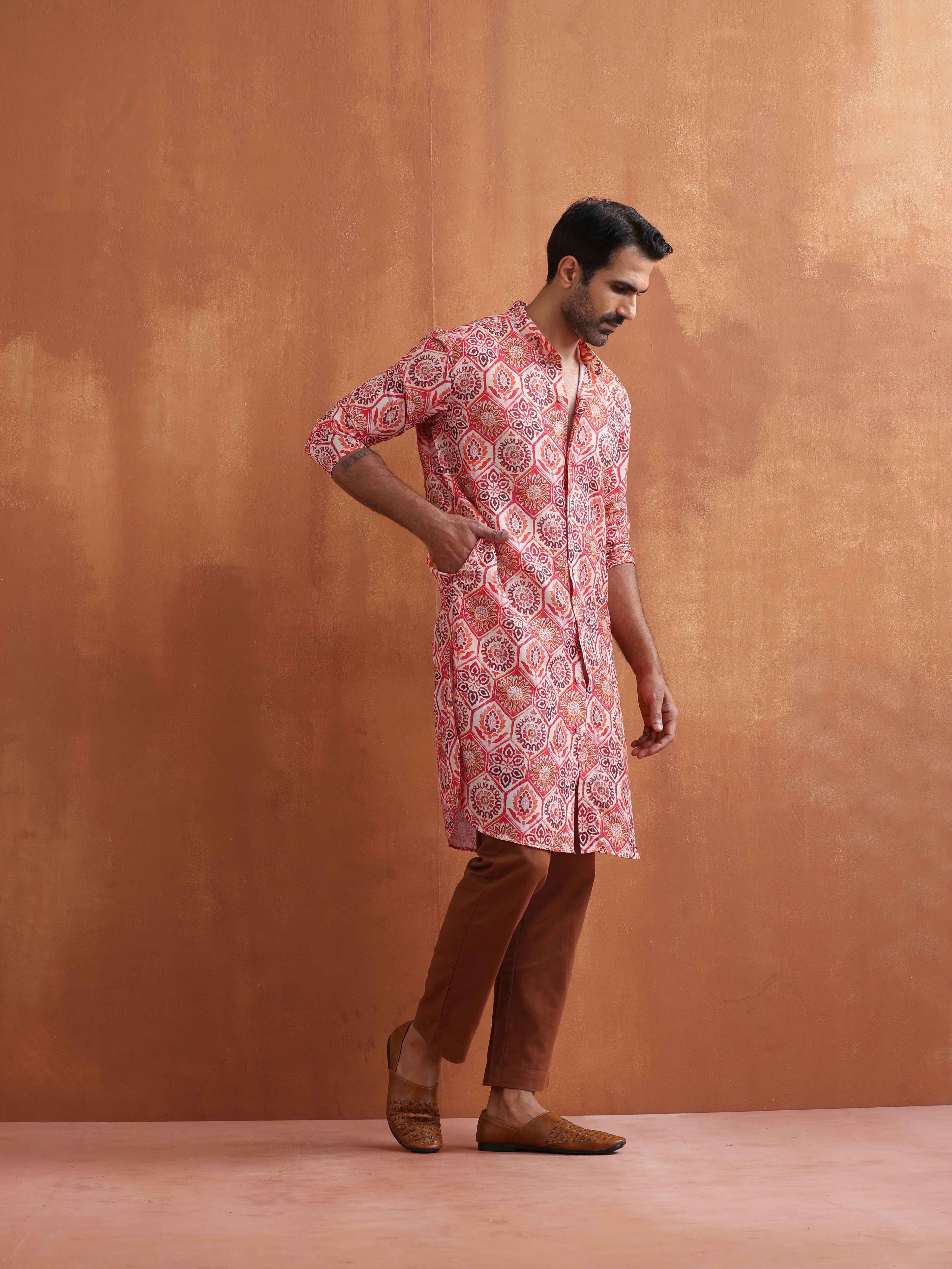 trueBrowns Men's Beige Printed Front Open Kurta | Grocsy
