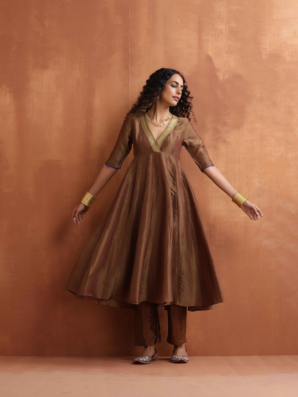 trueBrowns Bronze Tissue Flared Anarkali Kurta Set | Grocsy