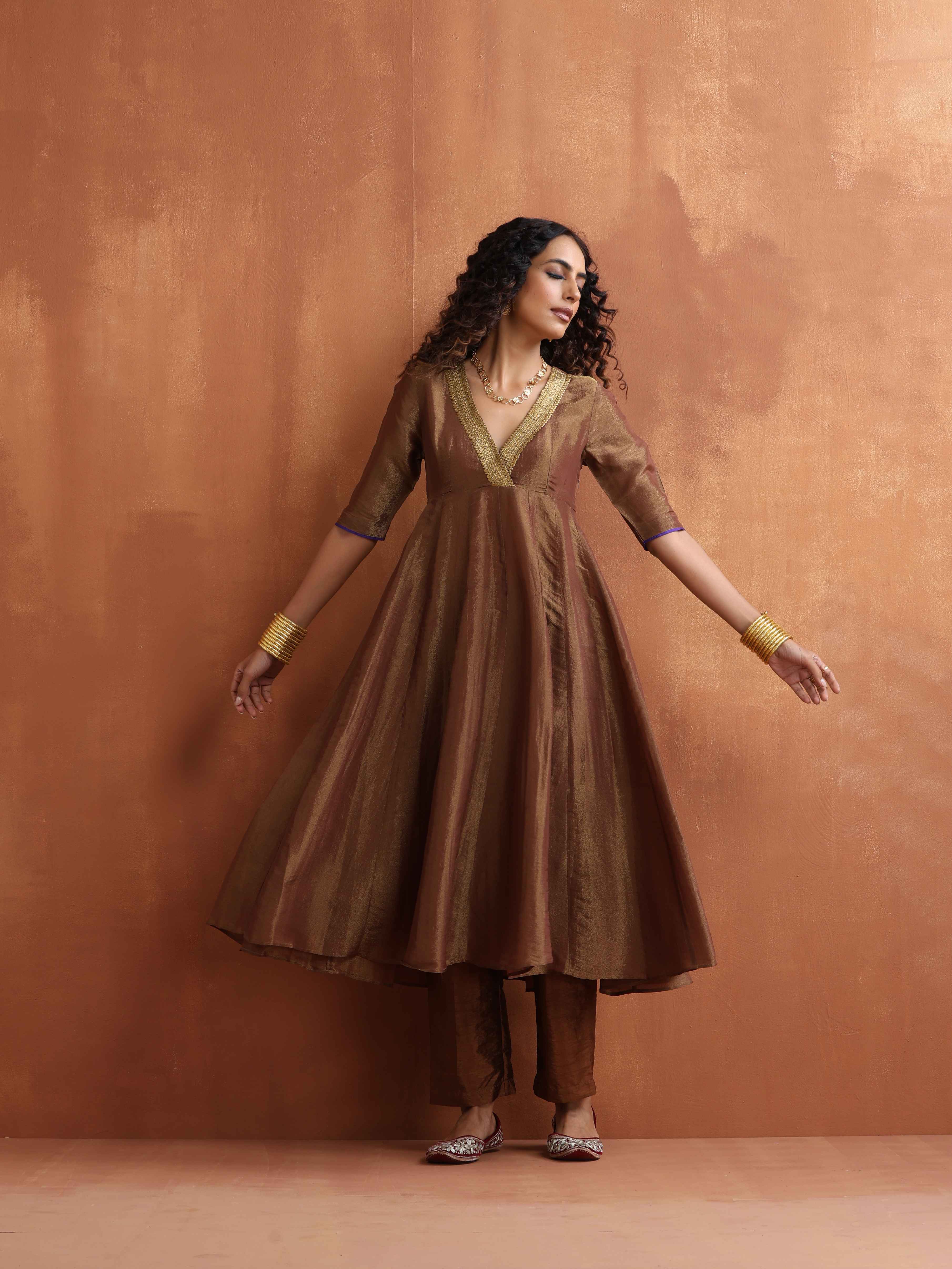 trueBrowns Bronze Tissue Flared Anarkali Kurta Set | Grocsy
