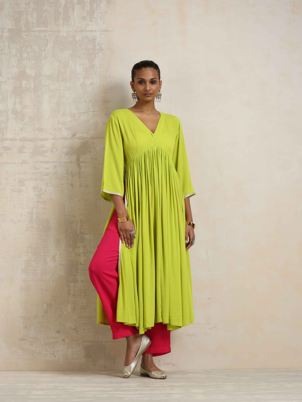 trueBrowns Lime Crinkle Anarkali Flared Kurta Set | Grocsy