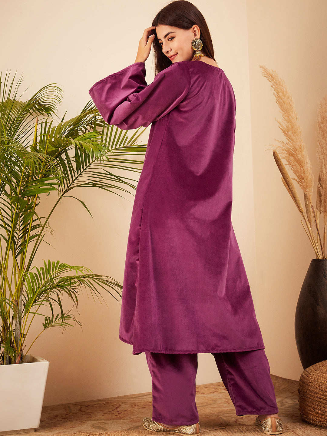 InWeave Women's Wine V Neck Asymmetrical Pleated Velvet Kurta Set | Grocsy