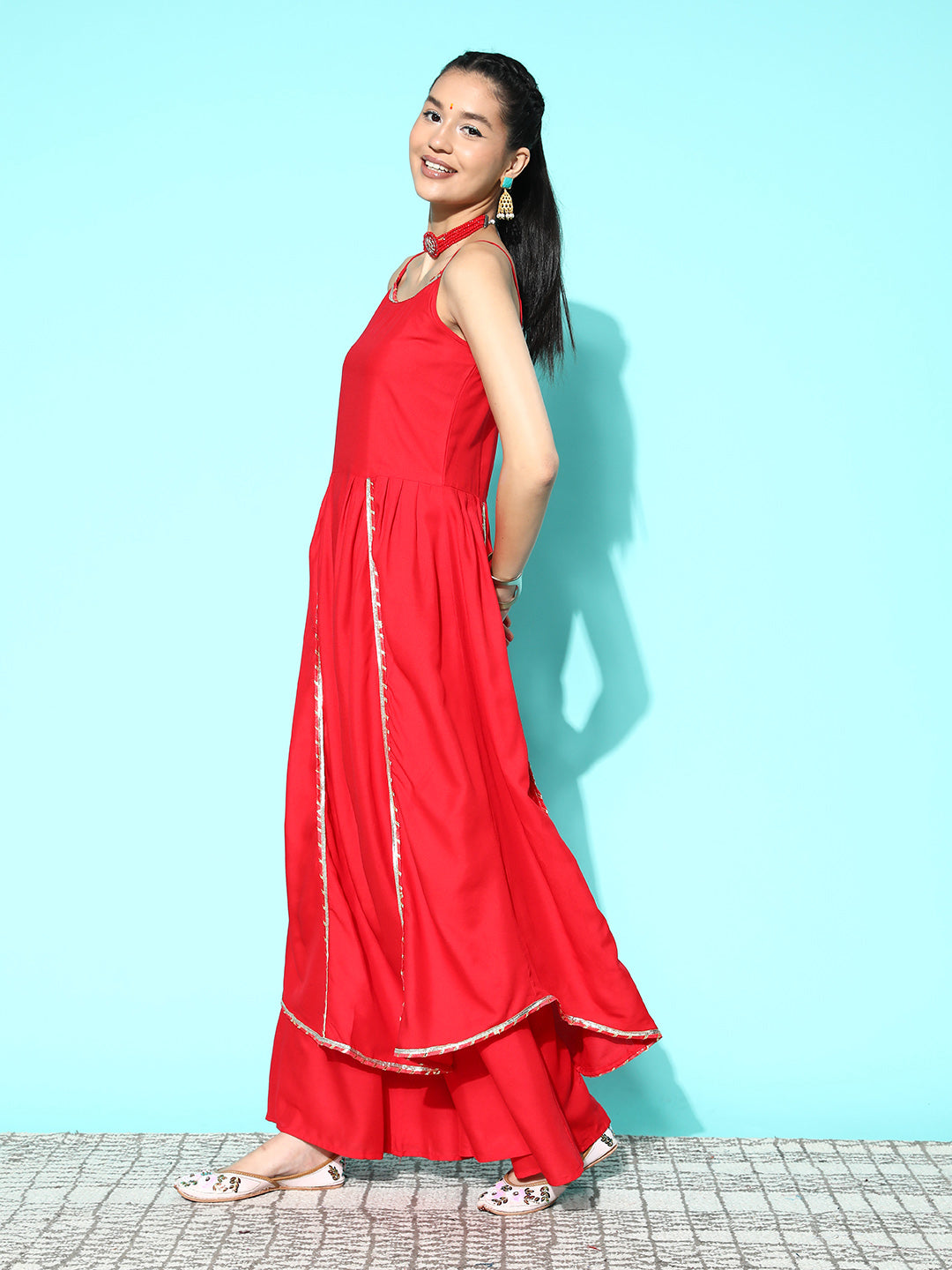InWeave Women's Red Gota Strappy Kurta Set | Grocsy