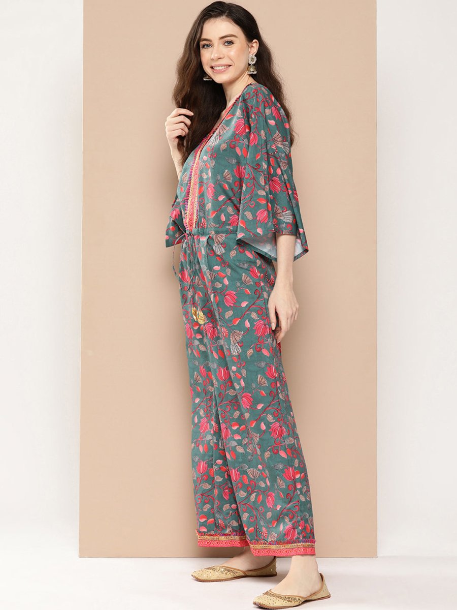 Ahalyaa Printed Basic Jumpsuit with Lace Inserts | Grocsy