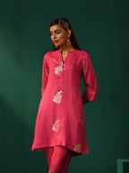 trueBrowns Pink Floral Viscose Silk Round Neck Co-ord Set | Grocsy