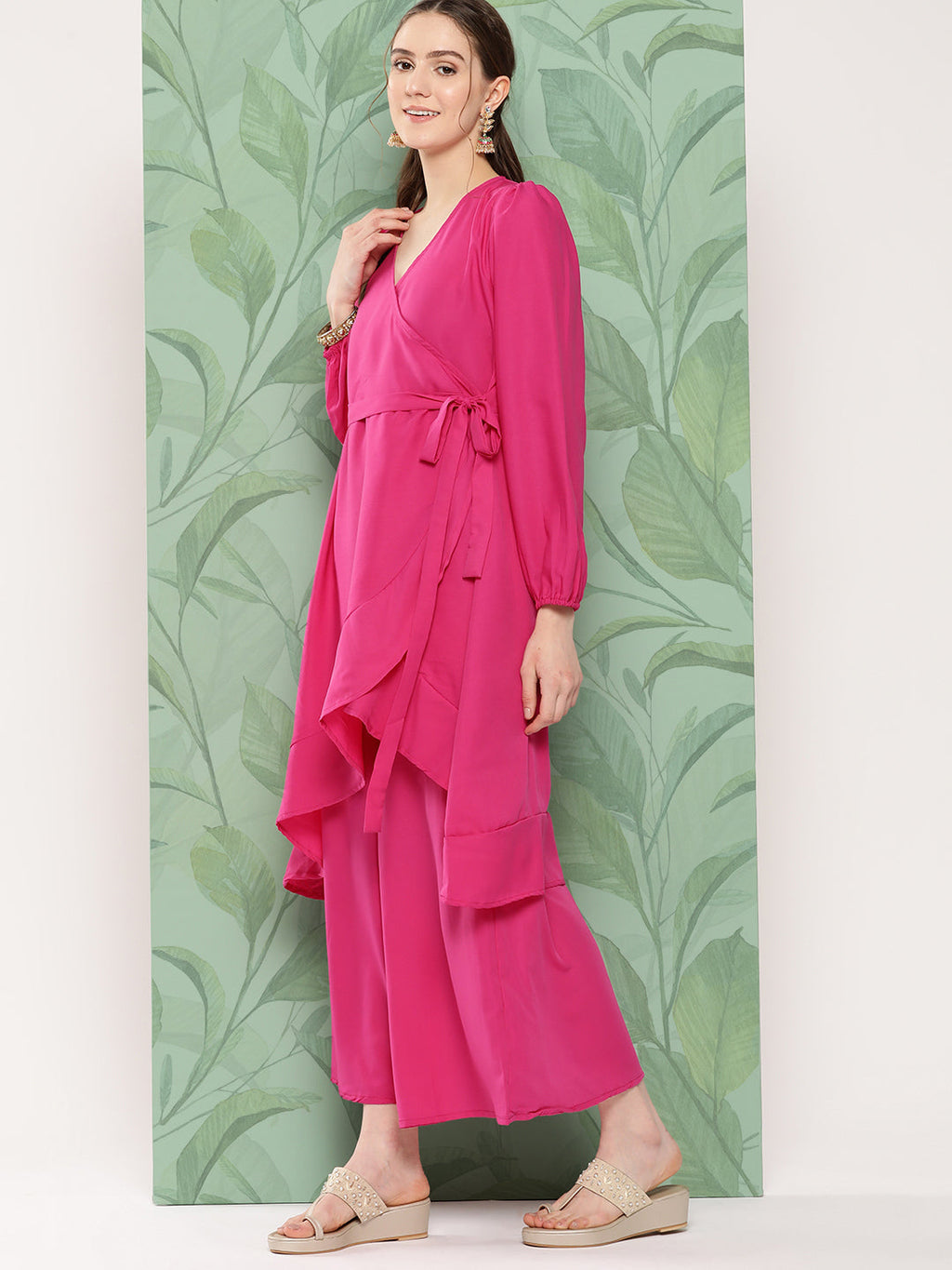 InWeave Women's Magenta Tie Up Kurta Set W Camel Brown Or Dupatta | Grocsy