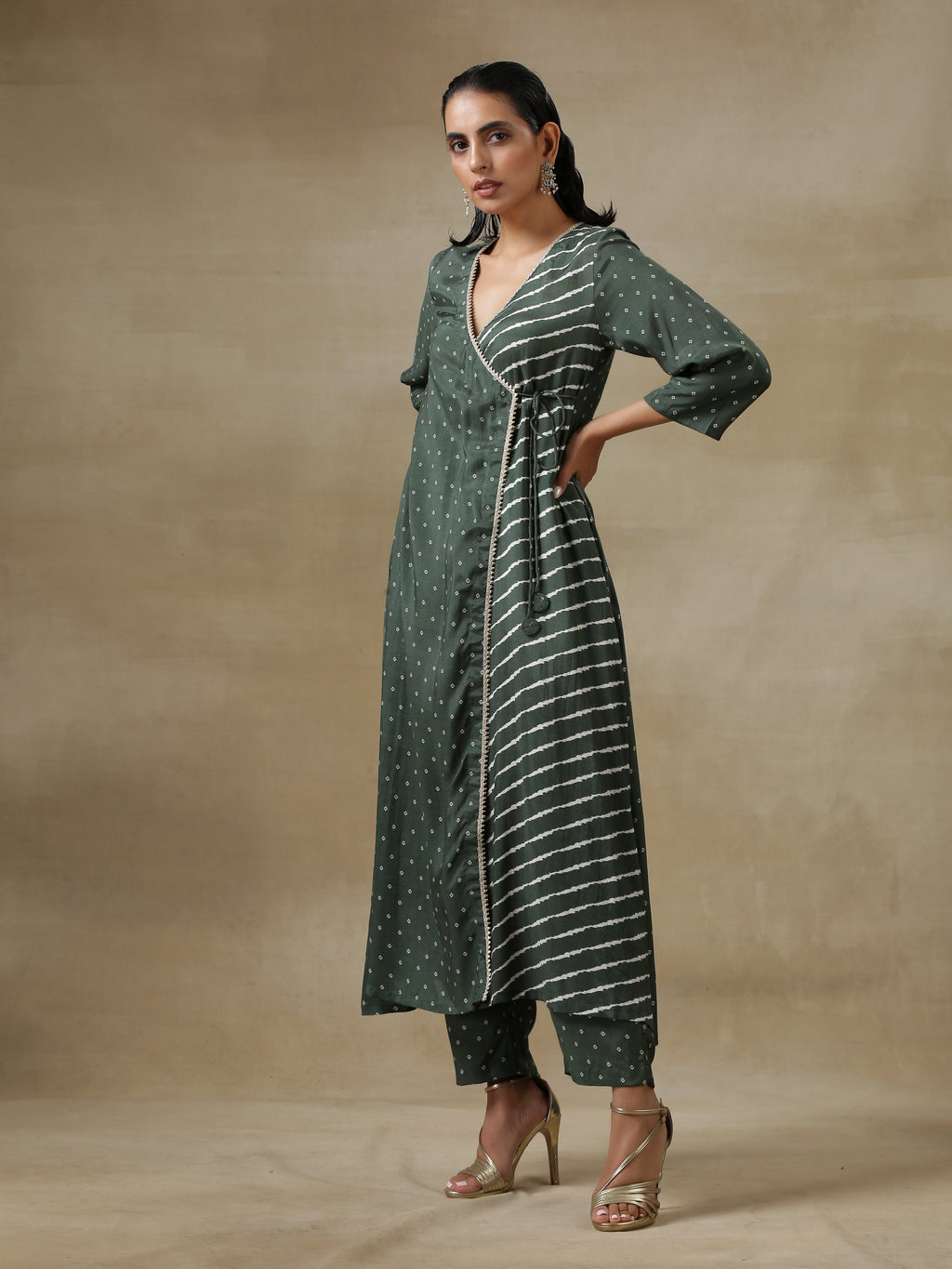 trueBrowns Dark Green Bandhani Printed Silk Angrakha Kurta Pant Set | Grocsy