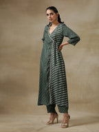 trueBrowns Dark Green Bandhani Printed Silk Angrakha Kurta Pant Set | Grocsy