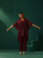 trueBrowns Wine Diamond Viscose Silk Waist Sleeve Gathered Co-ord Set | Grocsy