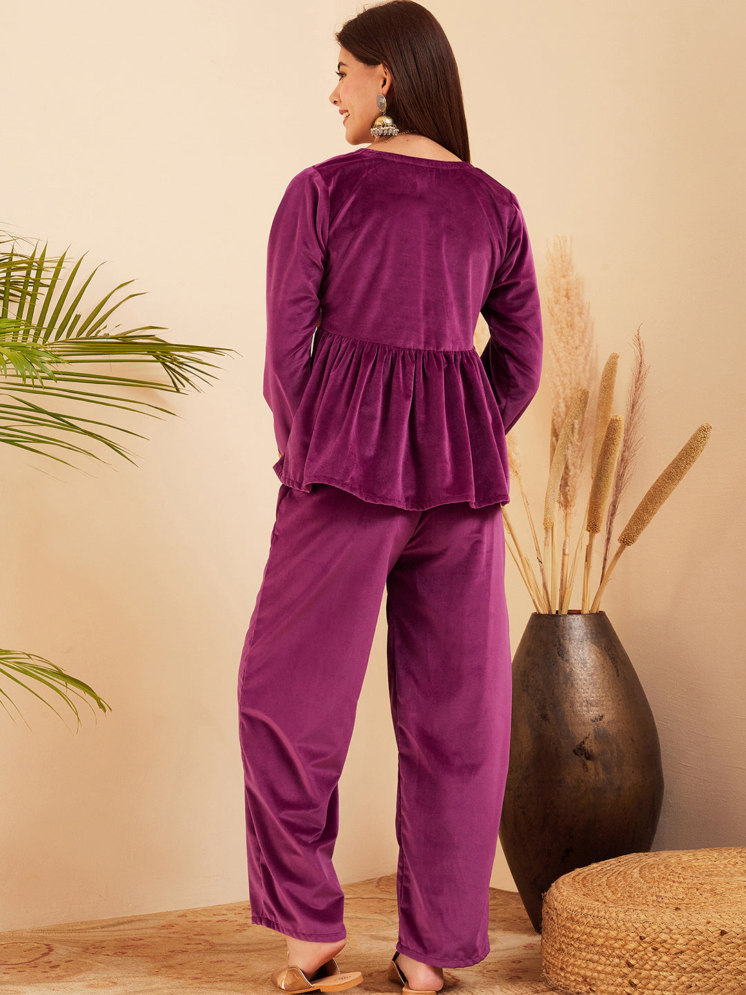 InWeave Women's Wine Mughal Shaan Style Velvet Short Kurta Set | Grocsy