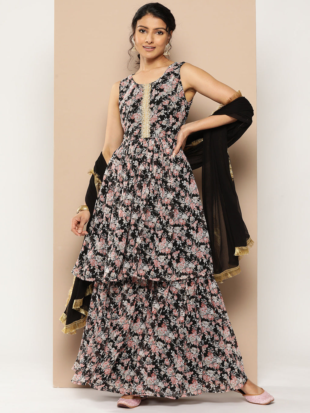 KSUT (House of Varanga) Black Printed Anarkali Kurta Paired With Sharara And Plain Tonal Dupatta | Grocsy