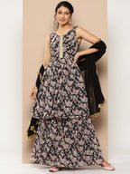 KSUT (House of Varanga) Black Printed Anarkali Kurta Paired With Sharara And Plain Tonal Dupatta | Grocsy