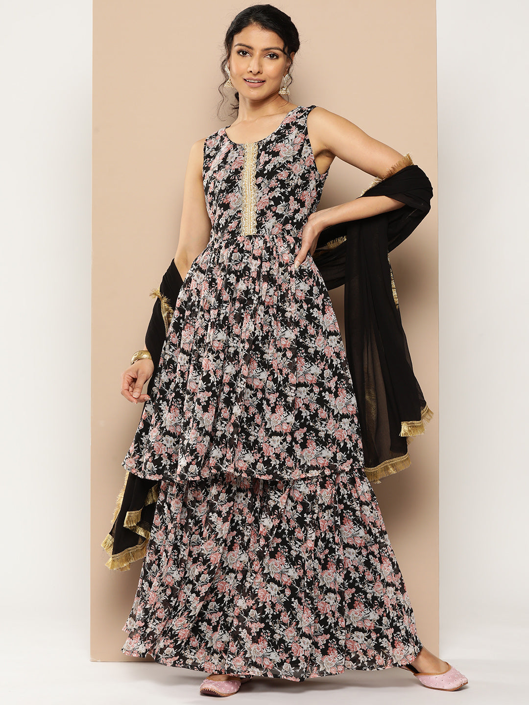 KSUT (House of Varanga) Black Printed Anarkali Kurta Paired With Sharara And Plain Tonal Dupatta | Grocsy