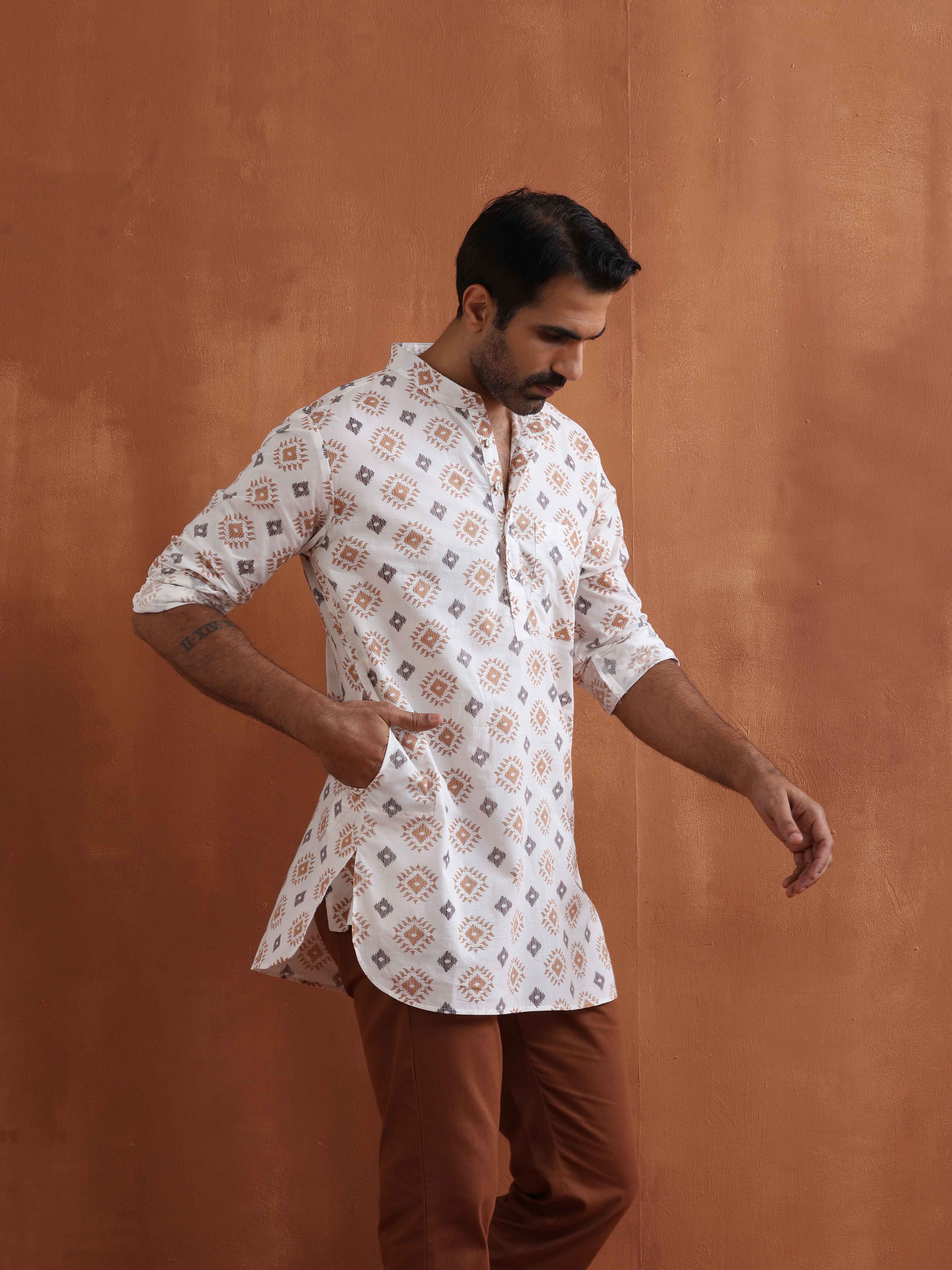 trueBrowns Men's Ivory Printed Short Kurta | Grocsy