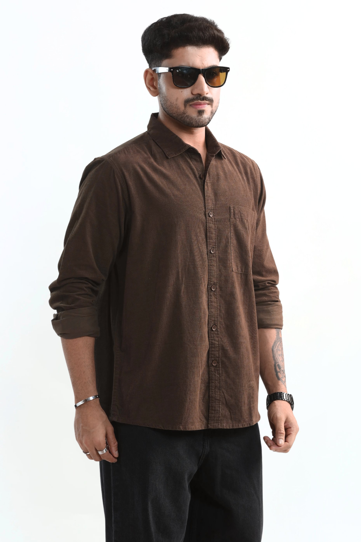 Xkind Men's Mocha Brown Fine Corduroy Regular Fit Shirt | Grocsy