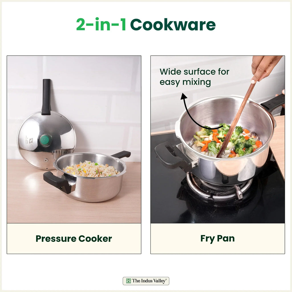 The Indus Valley Tri-ply Stainless Steel Pressure Pan, Premium Quality, 3 Layer Thick Body, Heavy Bottom, 100% Food-safe, ISI Certified, Induction & Gas, 3.5/5L | Grocsy