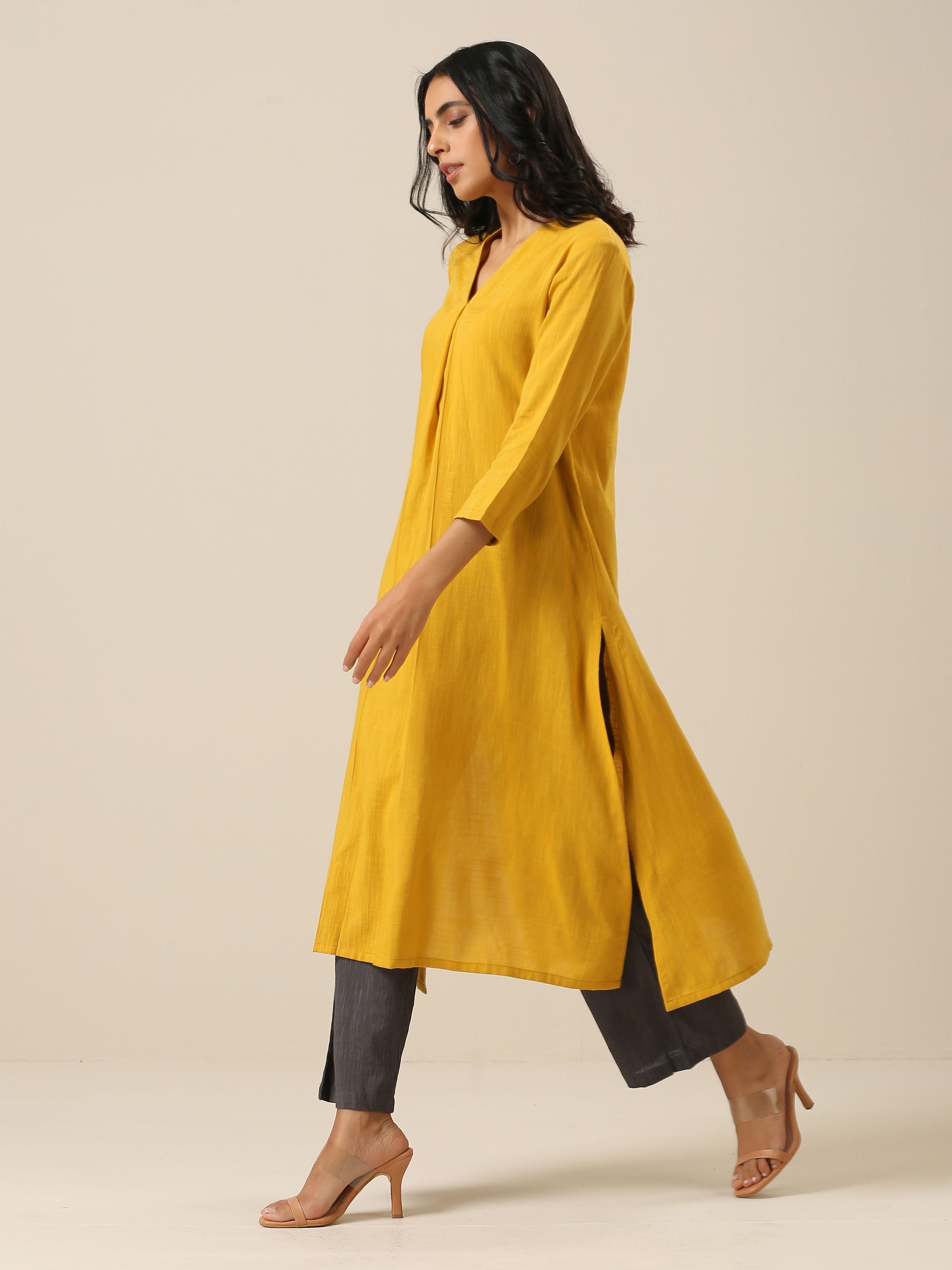 trueBrowns Mustard Yellow Slub Texture Neck Pleat Kurta Pant Set | Grocsy