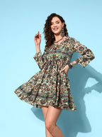 InWeave Women's Off White Green Paisley Print Tiered Dress | Grocsy