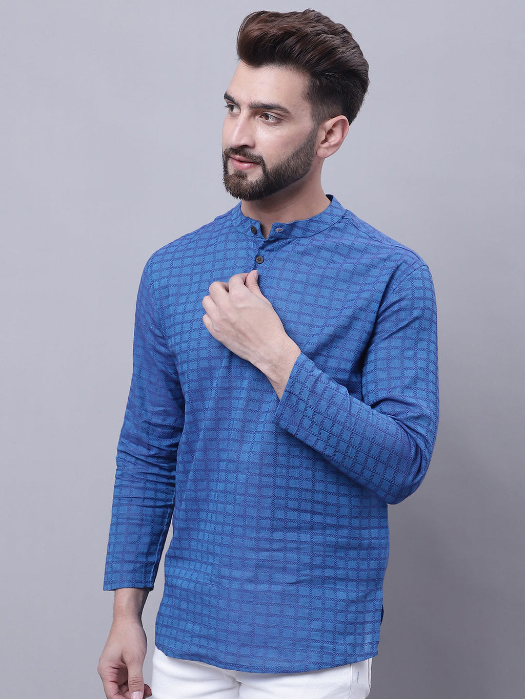 Even Apparels Blue Pure Cotton Short Kurta With Band Collar | Grocsy