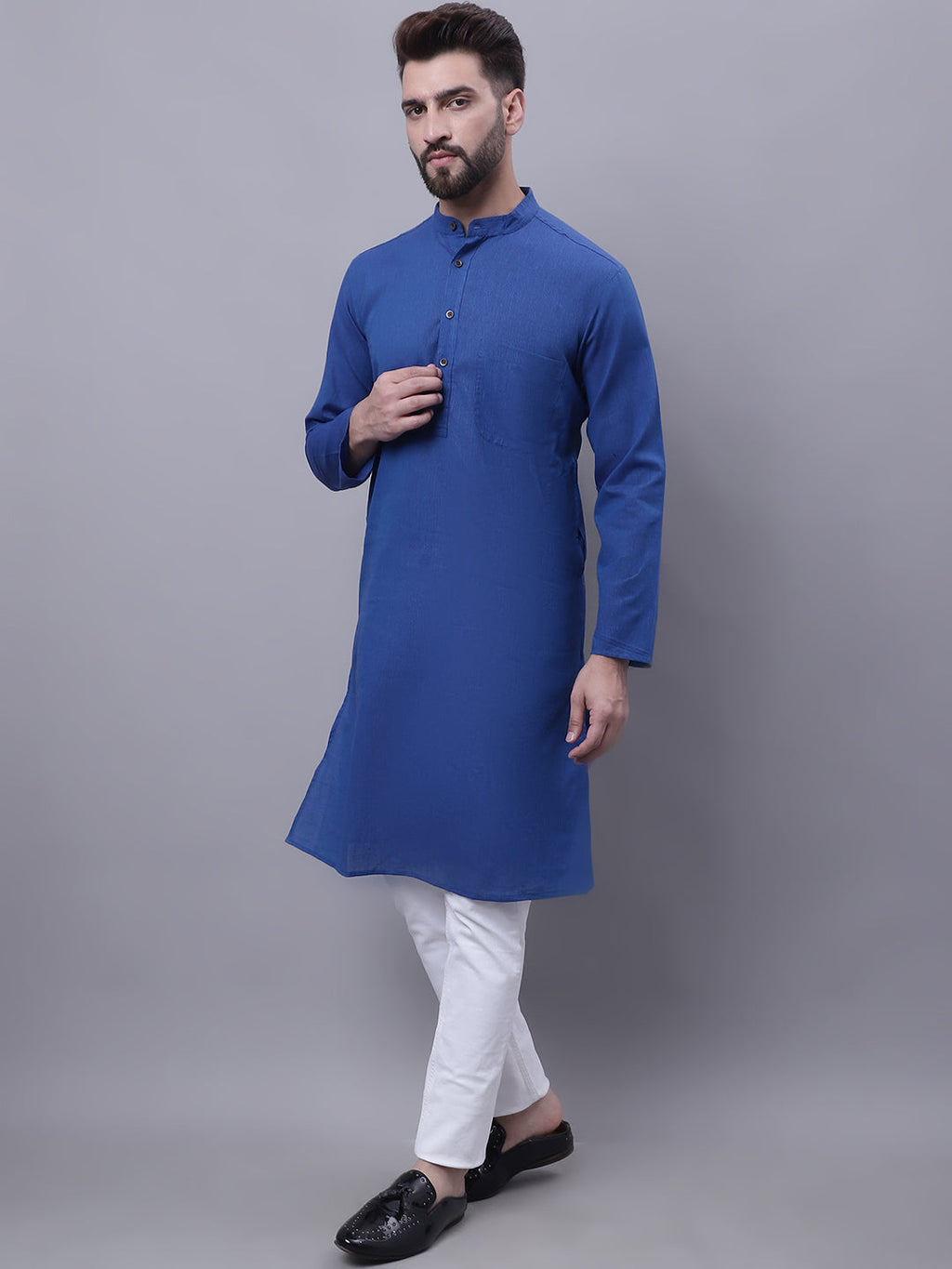 Even Apparels Blue Pure Cotton Kurta With Band Collar | Grocsy