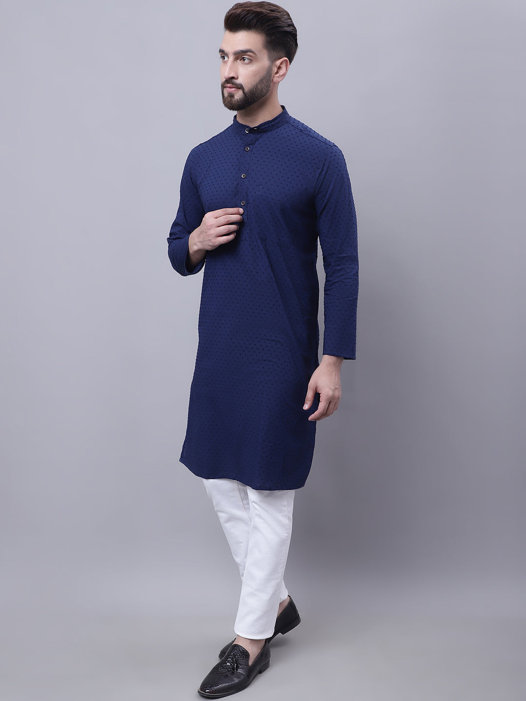 Even Apparels Blue Pure Cotton Kurta With Band Collar | Grocsy