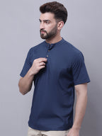 Even Apparels Blue Pure Cotton Short Kurta With Band Collar | Grocsy