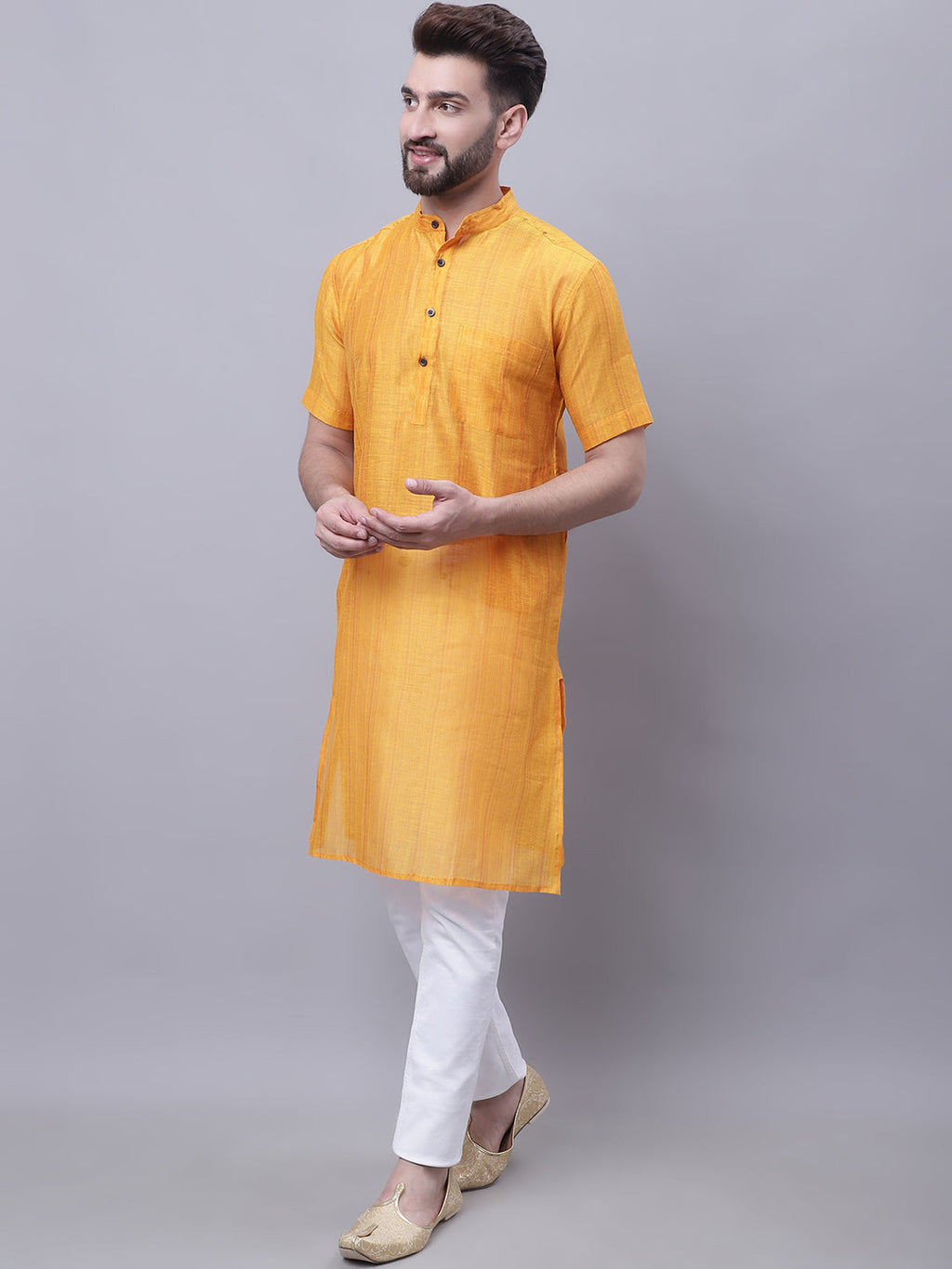 Even Apparels Yellow Pure Cotton Short Sleeves Kurta With Band Collar | Grocsy
