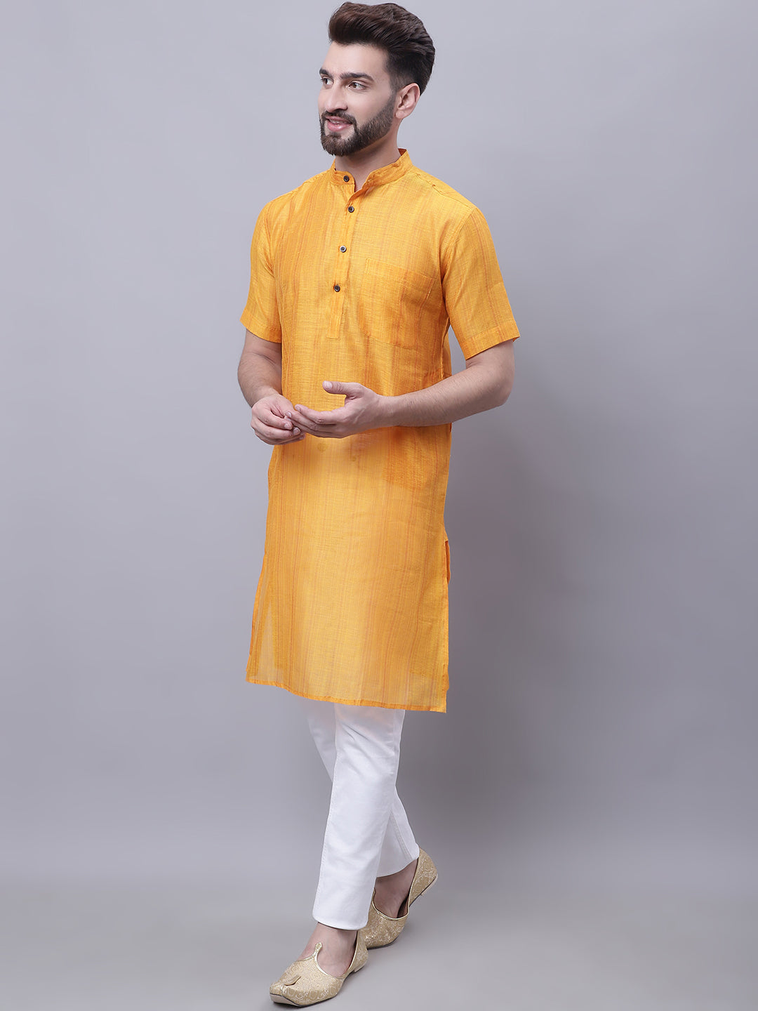 Even Apparels Yellow Pure Cotton Short Sleeves Kurta With Band Collar | Grocsy