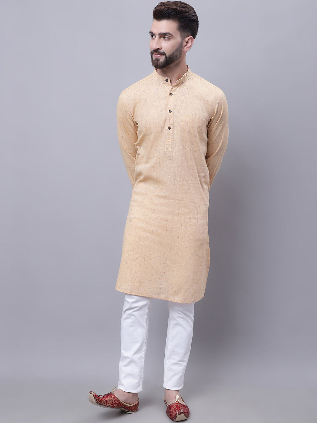 Even Apparels Yellow Pure Cotton Kurta With Band Collar | Grocsy