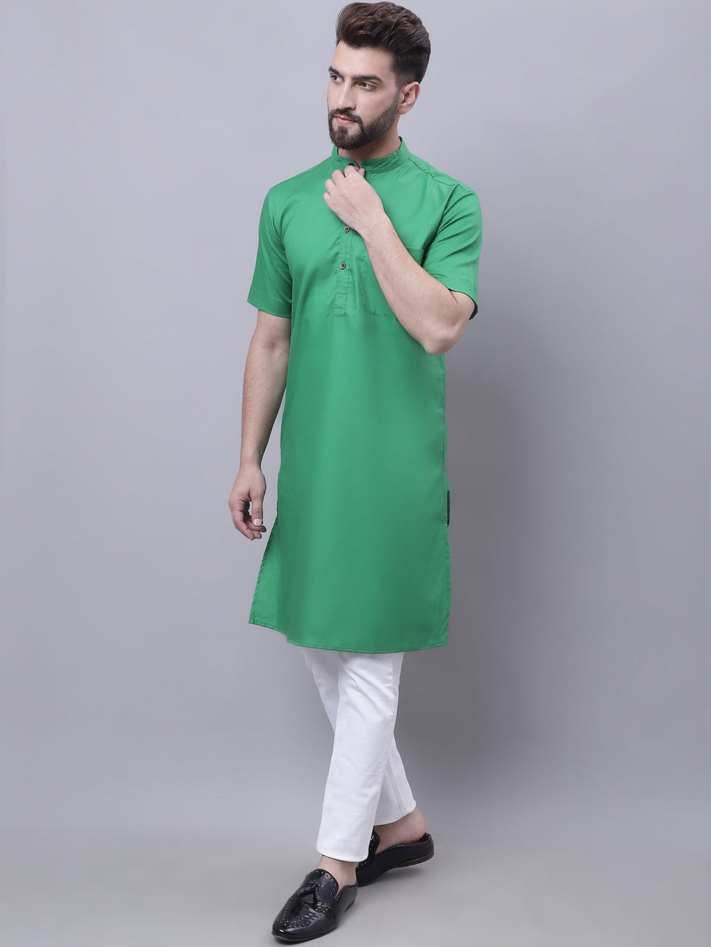 Even Apparels Green Pure Cotton Short Sleeves Kurta With Band Collar | Grocsy