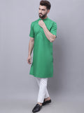 Even Apparels Green Pure Cotton Short Sleeves Kurta With Band Collar | Grocsy