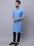 Even Apparels Blue Pure Cotton Short Sleeves Kurta With Band Collar | Grocsy