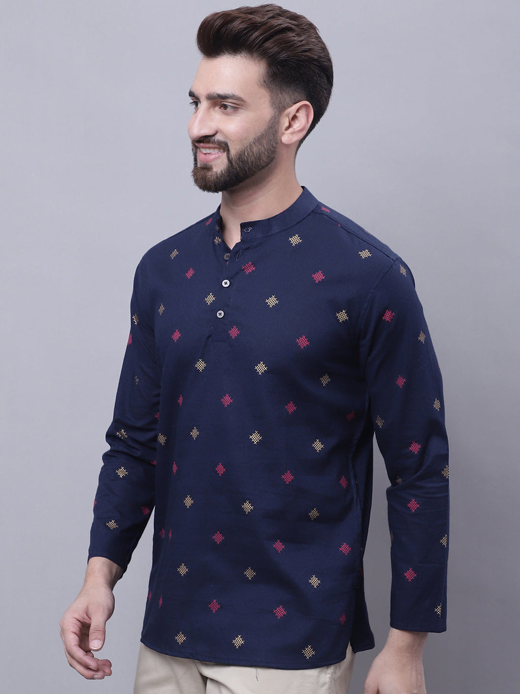 Even Apparels Blue Pure Cotton Short Kurta With Band Collar | Grocsy