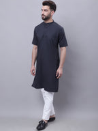 Even Apparels Black Pure Cotton Short Sleeves Kurta With Band Collar | Grocsy