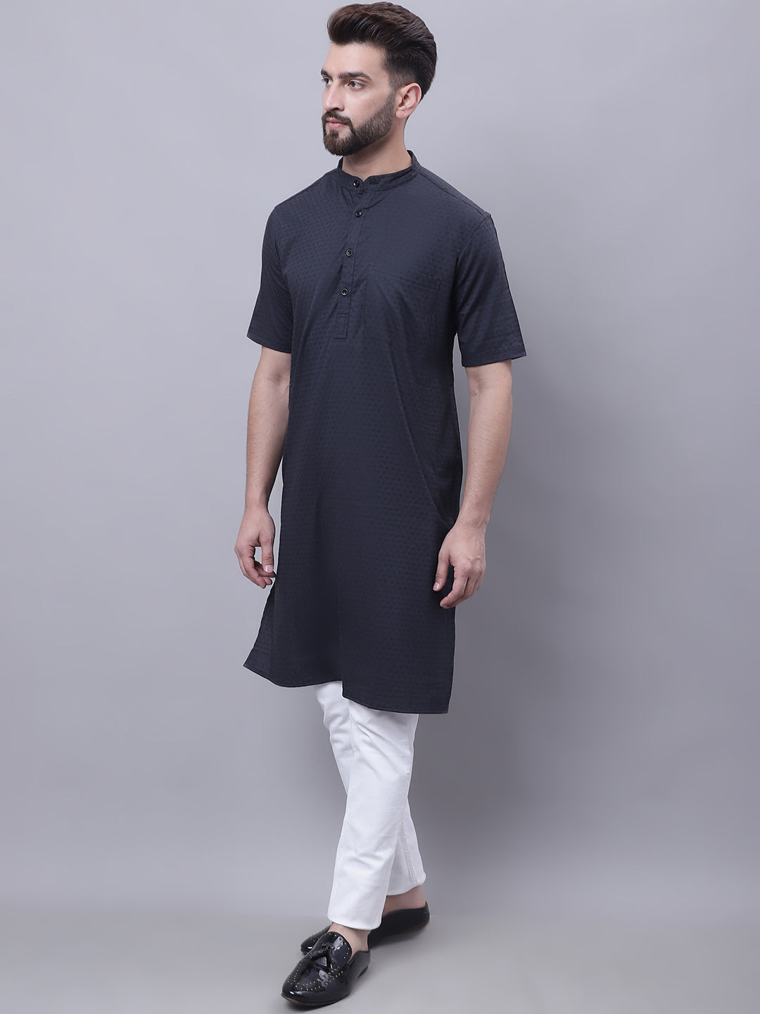 Even Apparels Black Pure Cotton Short Sleeves Kurta With Band Collar | Grocsy