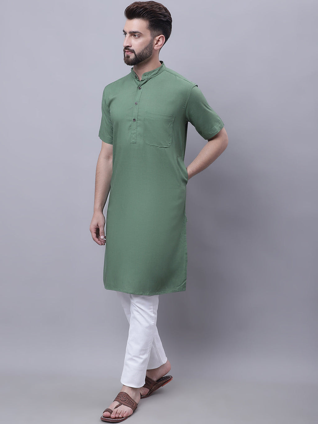 Even Apparels Green Pure Cotton Short Sleeves Kurta With Band Collar | Grocsy
