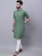 Even Apparels Green Pure Cotton Short Sleeves Kurta With Band Collar | Grocsy