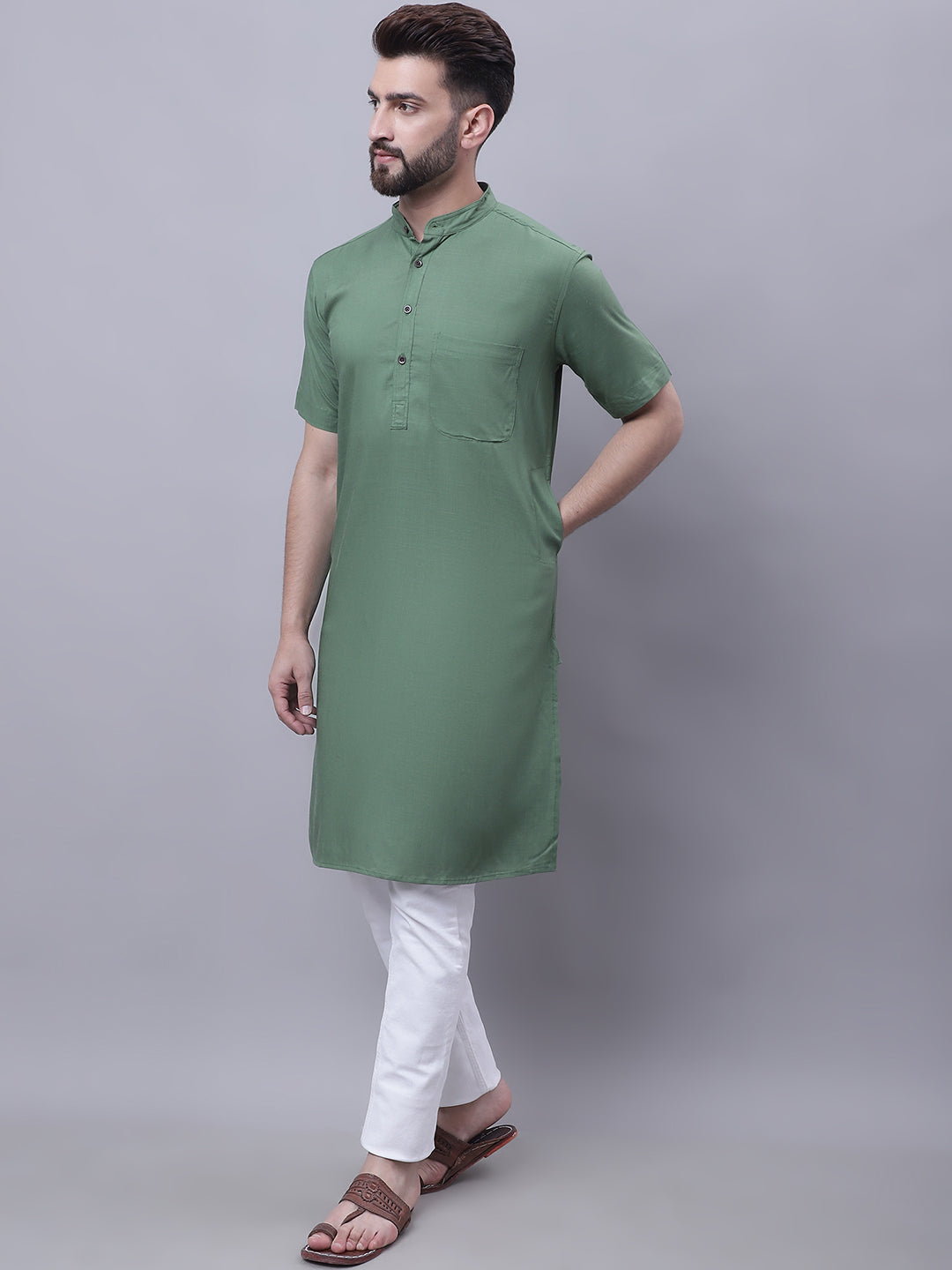 Even Apparels Green Pure Cotton Short Sleeves Kurta With Band Collar | Grocsy