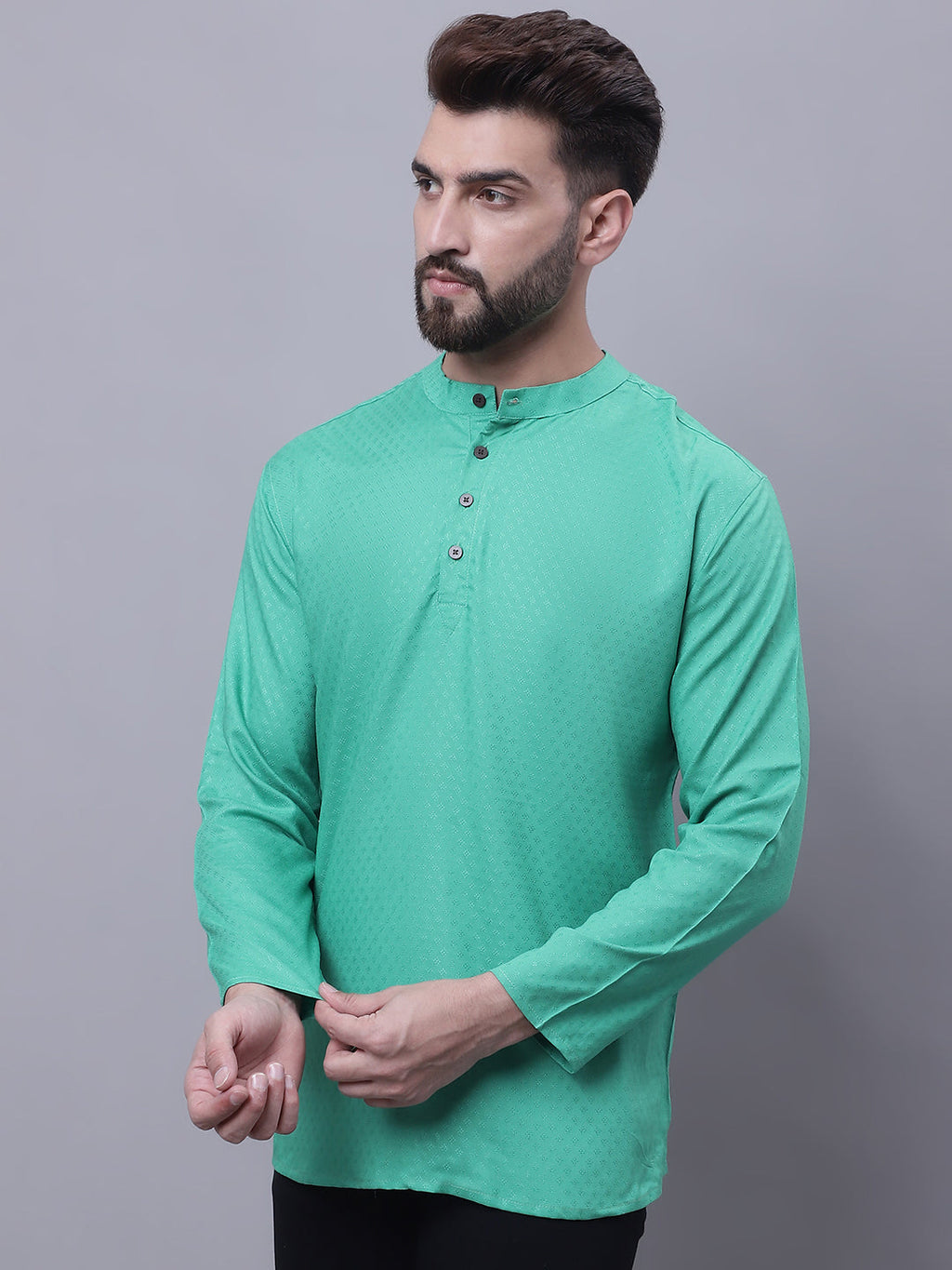 Even Apparels Green Pure Cotton Short Kurta With Band Collar | Grocsy