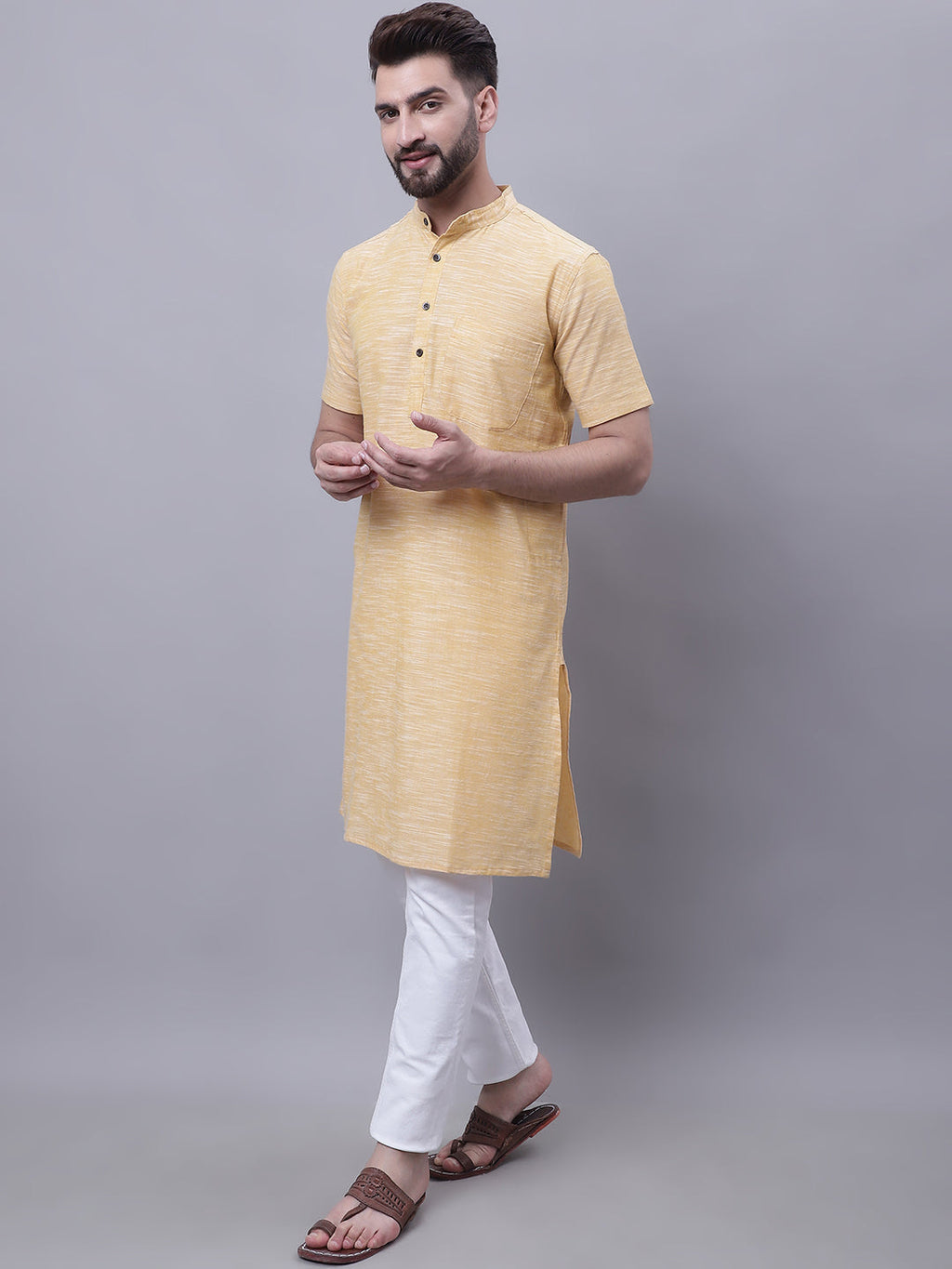 Even Apparels Yellow Pure Cotton Short Sleeves Kurta With Band Collar | Grocsy