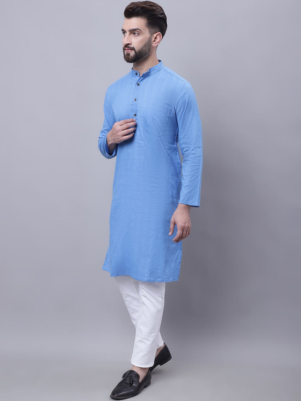 Even Apparels Blue Pure Cotton Kurta With Band Collar | Grocsy