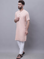 Even Apparels Peach Pure Cotton Short Sleeves Kurta With Band Collar | Grocsy