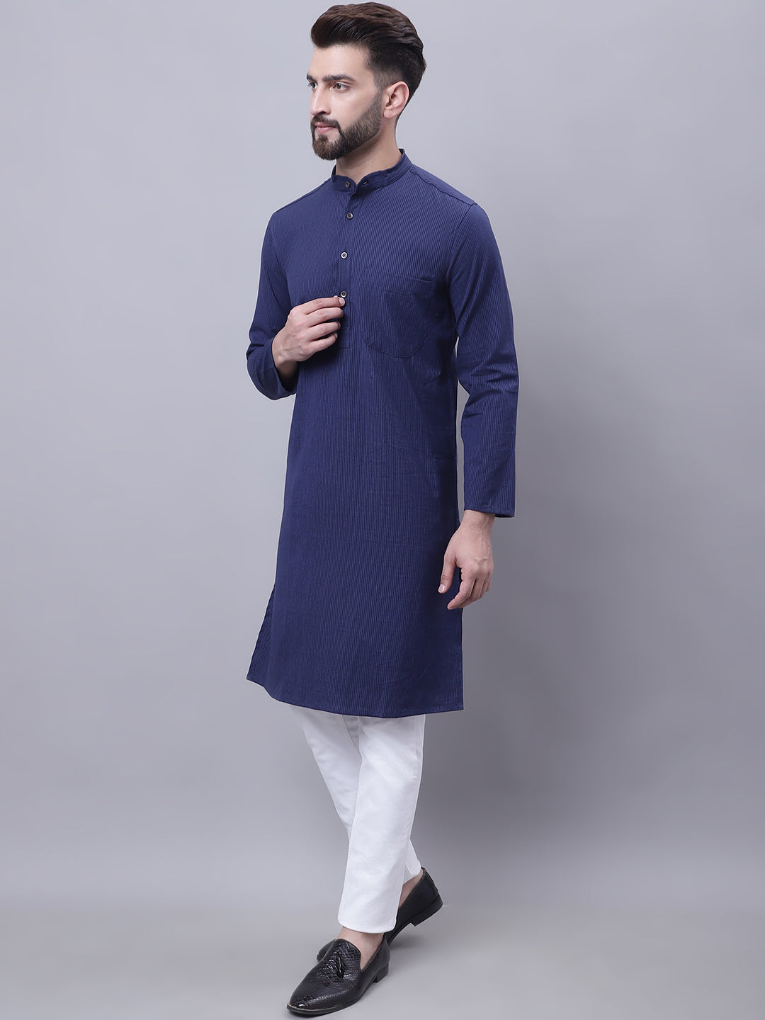 Even Apparels Blue Pure Cotton Kurta With Band Collar | Grocsy