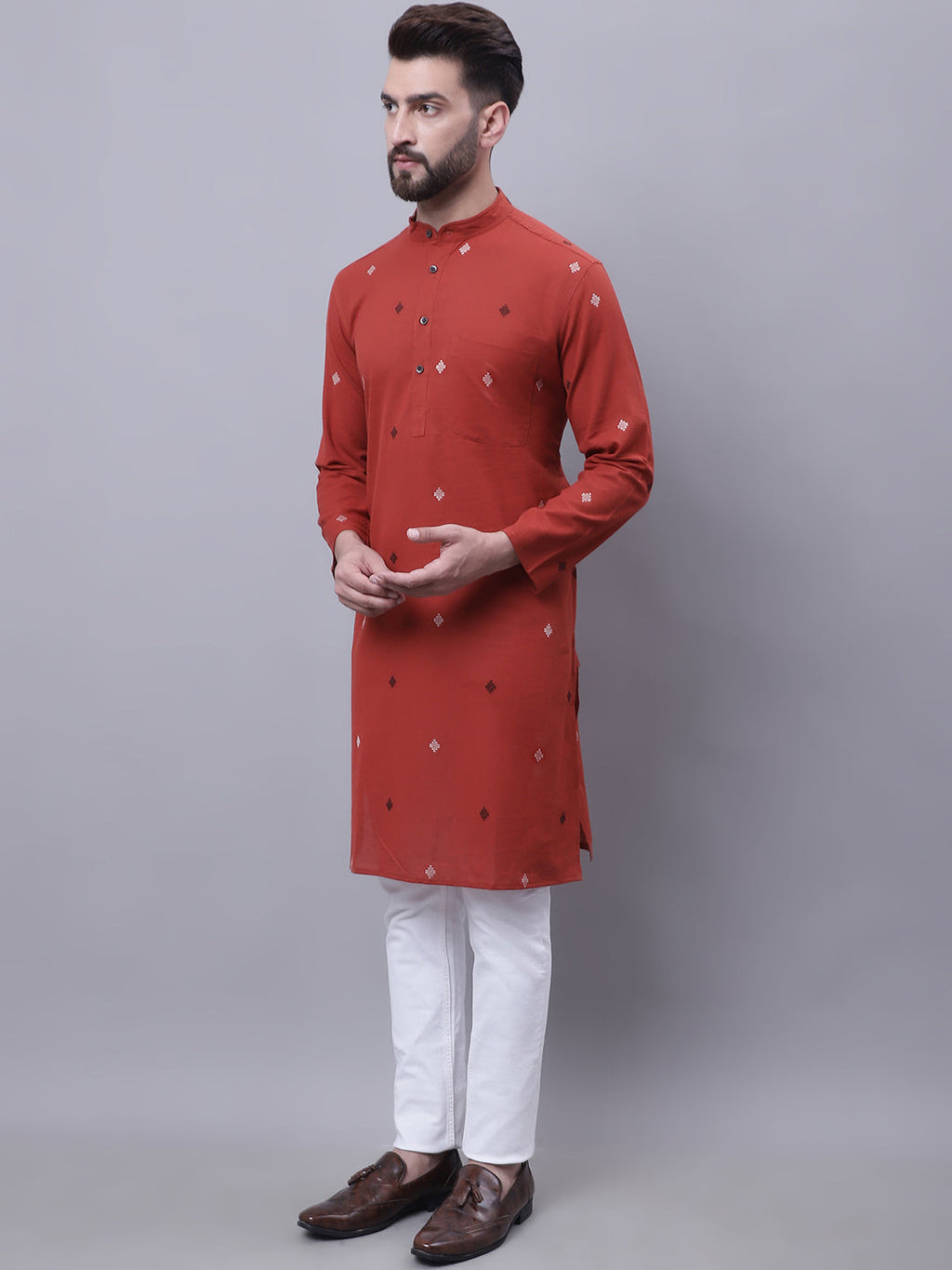 Even Apparels Rust Pure Cotton Kurta With Band Collar | Grocsy