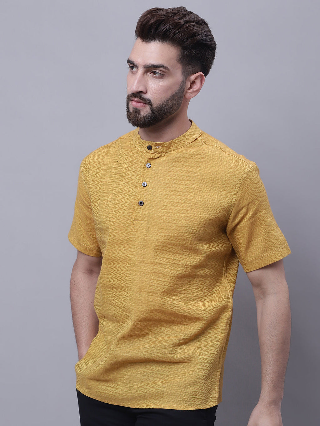 Even Apparels Yellow Pure Cotton Short Sleeves Kurta With Band Collar | Grocsy