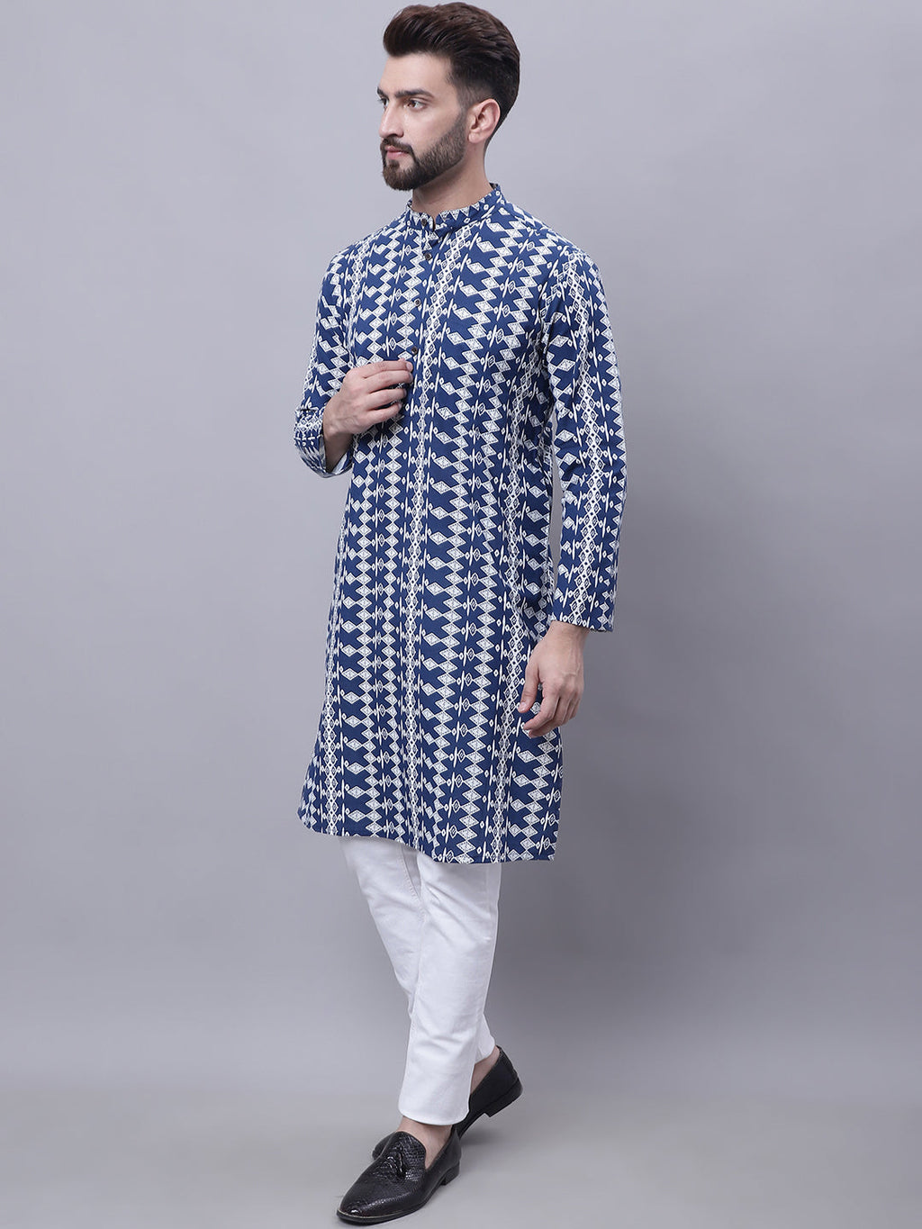 Even Apparels Blue Pure Cotton Kurta With Band Collar | Grocsy