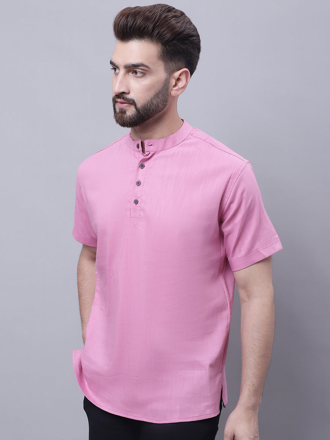 Even Apparels Pink Pure Cotton Short Kurta With Band Collar | Grocsy