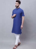 Even Apparels Blue Pure Cotton Short Sleeves Kurta With Band Collar | Grocsy